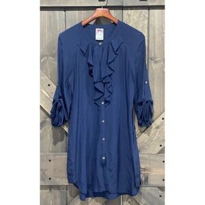 Yoana Baraschi Anthropologie 100% Silk Ruffled Shirt Dress Navy Blue Women's‎ M